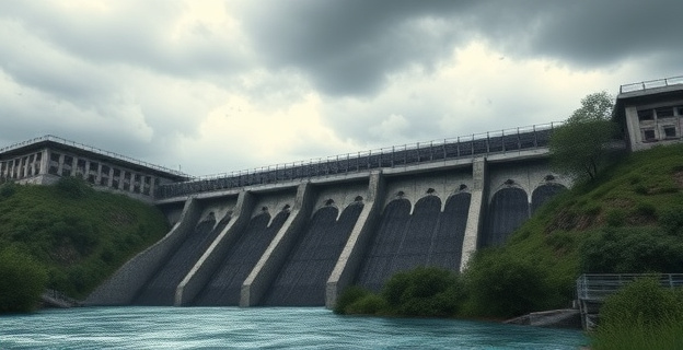 Una presa de hormigón imponente bajo un cielo gris y tormentoso, con vegetación densa alrededor y un río turbulento en primer plano.