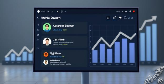 Una pantalla mostrando una interfaz de soporte técnico con un chatbot avanzado y gráficos de productividad aumentando en el fondo