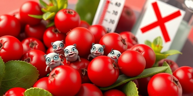 Una ilustración conceptual y satírica que muestra un primer plano de un tazón de bayas rojas y hojas verdes brillantes. Entre las frutas, se asoman pequeñas criaturas microscópicas con expresiones maliciosas. Al fondo, un termómetro marcando una temperatura alta y un bote de desinfectante tachado con una X roja, estilo arte editorial de revista moderna, colores vibrantes y contraste dramático.