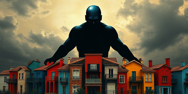 Imagen conceptual de una sombra oscura extendiéndose sobre un grupo de edificios coloridos, representando la explotación y el machismo. Estilo pictórico expresionista, con colores contrastantes y pinceladas gruesas. Enfoque en la tensión y la opresión, sin rostros visibles.