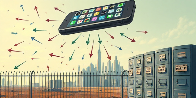 Una ilustración conceptual y satírica. Un smartphone gigante flotando sobre una frontera de vallas metálicas. De la pantalla del teléfono emergen miles de iconos de chat y flechas apuntando hacia la ciudad, mientras que al otro lado, unos archivadores gubernamentales llenos de polvo y sellos de 