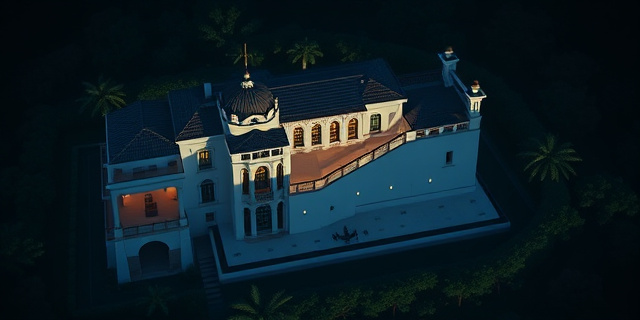 Una vista aérea de una lujosa villa mediterránea con sombras amenazantes cubriéndola parcialmente. El estilo visual debe ser realista pero con un toque de suspense, utilizando una paleta de colores fríos y oscuros. Se enfatiza el contraste entre la opulencia de la villa y la amenaza implícita en las sombras. Sin rostros visibles.