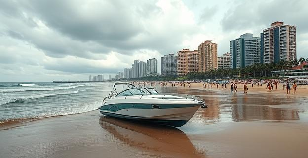 Una lancha motora varada en una playa urbana concurrida, con edificios al fondo y gente paseando cerca, bajo un cielo nublado y con olas moderadas.