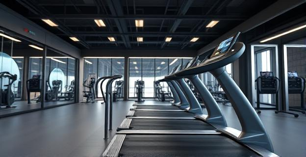 Una cinta de correr curva en un gimnasio moderno con iluminación brillante y varios equipos de entrenamiento de fondo