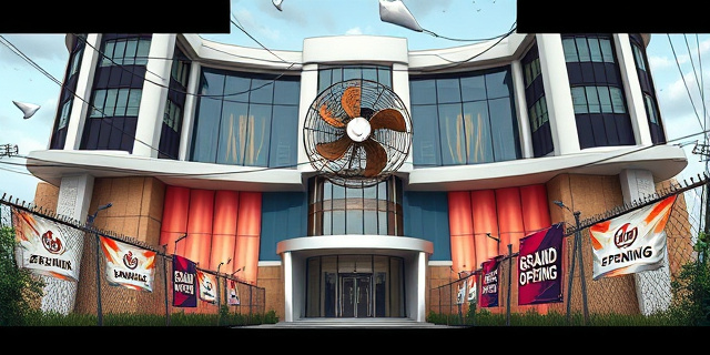 Una ilustración satírica de un edificio moderno y lujoso con arquitectura vanguardista, pero que tiene grietas visibles, cables colgando y un ventilador antiguo y oxidado intentando enfriar el lugar. Alrededor, vallas de seguridad incompletas y carteles de 