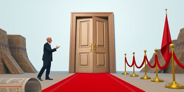 Una ilustración conceptual y satírica que muestre una puerta gigante entre dos tierras. De un lado, un funcionario con traje intenta cerrar la puerta mientras que, por detrás, él mismo está extendiendo una alfombra roja y dejando las llaves colgadas. Estilo editorial de periódico, colores contrastados, atmósfera de tensión diplomática, sin rostros reales.