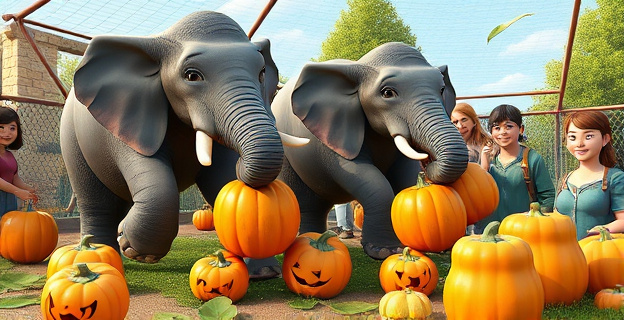 Una escena de un zoológico donde elefantes están aplastando calabazas con sus patas, rodeados de visitantes sonriendo