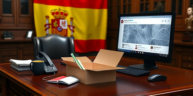 Una ilustración conceptual y satírica. Un escritorio oficial de gobierno muy lujoso y sobrio, con una bandera de España al fondo. Sobre la mesa, un teléfono antiguo y una caja de cartón abierta con objetos personales (una grapadora, un cuaderno, una taza), simbolizando un despido repentino. Al lado, una pantalla de ordenador mostrando una red social congelada y con telarañas, representando la parálisis administrativa. Estilo editorial de revista política, colores fríos y sombras marcadas.