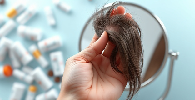Un cabello cayendo en una mano que lo sostiene suavemente sobre un fondo de medicamentos y un espejo que refleja una calvicie parcial.