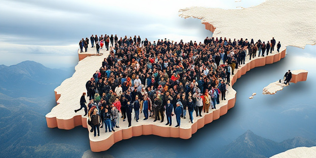 Un mapa de España con una gran cantidad de personas de diferentes razas y edades en la frontera, con un fondo de montañas y un cielo nublado