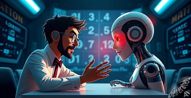 Ilustración de una inteligencia artificial resolviendo ecuaciones matemáticas complejas en una pantalla mientras matemáticos observan sorprendidos