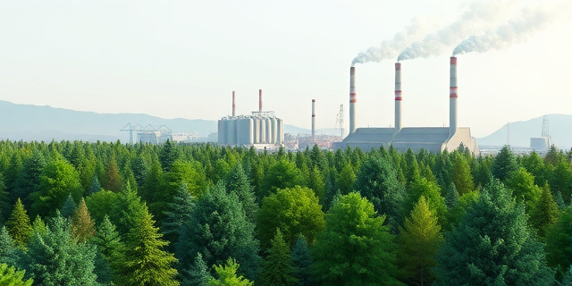 Una imagen de un bosque con árboles verdes y saludables, pero con un fondo de fábricas y chimeneas humeantes, simbolizando la contradicción entre la reforestación y la contaminación