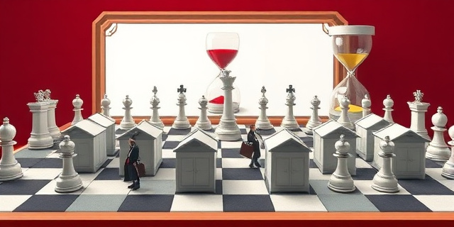Una ilustración conceptual y satírica. Un tablero de ajedrez donde las piezas son carpas de refugiados blancas y pequeñas figuras burocráticas con maletines. Al fondo, una frontera estilizada y un reloj de arena que se agota. Estilo editorial de periódico, colores sobrios con un toque de rojo alarmista, perspectiva cenital.