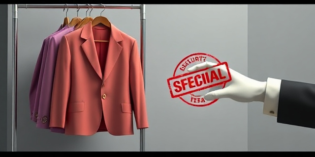 Una ilustración satírica y conceptual que muestra un perchero de ropa de lujo en un entorno gubernamental frío y gris. Una prenda de ropa elegante tiene una etiqueta de precio exorbitante, mientras una mano invisible con un sello oficial intenta reclamar la propiedad de la prenda. Estilo editorial de revista, colores contrastados, atmósfera de ironía burocrática.