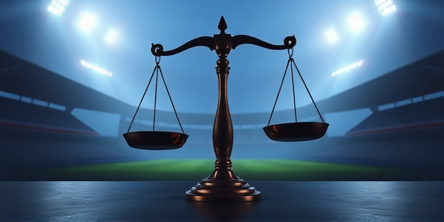 Una imagen conceptual que represente una balanza de la justicia inclinada hacia un lado, con las siluetas de dos estadios de fútbol enfrentados en la distancia. La iluminación es dramática, con sombras marcadas y un ambiente de tensión. El estilo es realista, con un toque pictórico que evoca la pintura clásica.