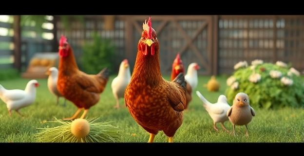 Granja al aire libre con gallinas y aves silvestres cerca