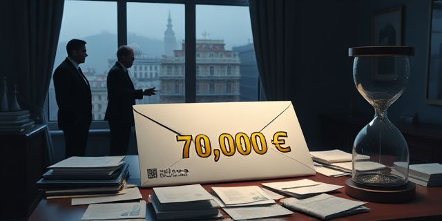 
  Una escena en un despacho de Moncloa con un escritorio de madera oscura y papeles apilados desordenadamente. En primer plano, un sobre gigante con el logo de la Presidencia del Gobierno y la cifra 