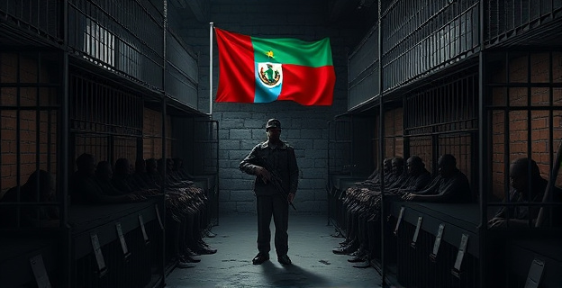 Imagen de una cárcel africana con condiciones deplorables, mostrando celdas oscuras y sucias, con reclusos hacinados y vigilantes armados. Al fondo, una bandera de Guinea Ecuatorial ondea en la pared de piedra.