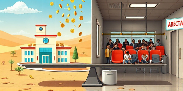 Una ilustración conceptual y satírica. En un lado de una balanza, un hospital moderno y brillante en un paisaje desértico marroquí recibiendo lluvia de monedas de oro. En el otro lado de la balanza, una sala de espera de hospital española antigua y descuidada, con personas esperando en sillas rotas, que se hunde profundamente. Estilo editorial de revista política, colores contrastados, sin texto.