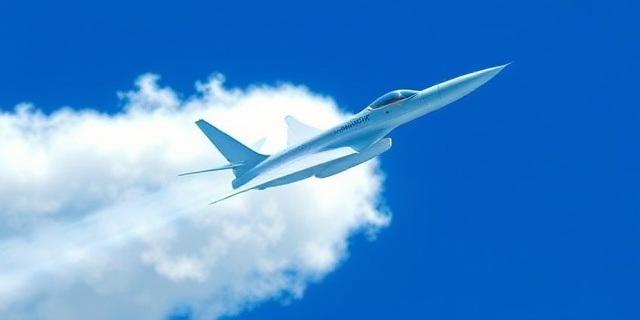 Una ilustración conceptual de un avión jet futurista y estilizado con una nariz extremadamente larga, volando a través de una nube de vapor blanca que representa la barrera del sonido. El estilo debe ser arte digital moderno, con colores azul cobalto y blanco, sugiriendo velocidad extrema y tecnología aeroespacial, sin mostrar rostros humanos.