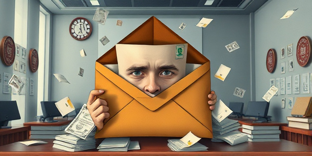 Una ilustración conceptual y satírica. Un sobre de carta gigante y antiguo que actúa como una máscara humana, intentando ocultar una montaña de papeles desordenados detrás de él. El fondo es una oficina burocrática gris y fría con sellos oficiales flotando. Estilo artístico de caricatura editorial moderna, con colores contrastados y sombras marcadas para enfatizar la hipocresía.