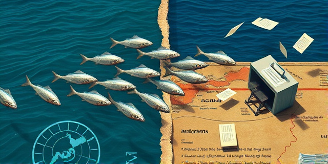 Una ilustración conceptual y satírica que muestra un banco de peces plateados cruzando una línea fronteriza invisible en el océano. De un lado, un mapa antiguo y desgarrado; del otro, un despacho gubernamental frío con papeles volando. Estilo editorial de revista, colores contrastados entre el azul profundo del mar y el beige burocrático, atmósfera de ironía geopolítica.