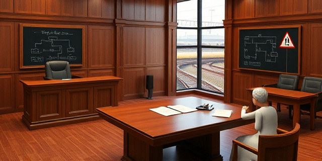 Una sala de justicia con una mesa de madera robusta, una mesa de juicios con una lámpara de estilo antiguo, un juez con toga negra y un juez con bata blanca, un expediente abierto sobre la mesa y una pizarra con diagramas de flujo, mientras una ventana ofrece una vista de un tren en movimiento sobre rieles y una señal de tráfico de tren en el fondo.