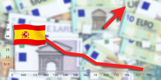 Una gráfica que muestra la caída de las exportaciones de España a Estados Unidos, con una flecha roja que apunta hacia abajo, y un fondo de billetes de euro que se desvanecen