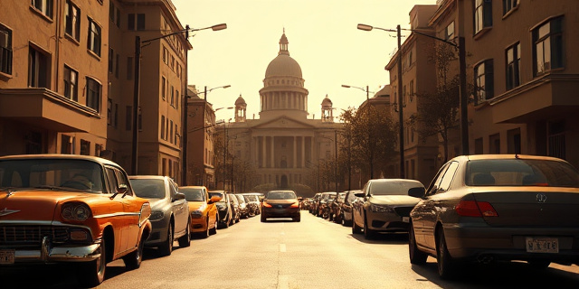 Una calle urbana con un filtro sepia, donde los coches antiguos y modernos contrastan fuertemente. En el fondo, una silueta imponente de un edificio gubernamental, con una luz tenue que proyecta sombras largas y amenazantes. El ambiente debe transmitir una sensación de desigualdad y frustración.
