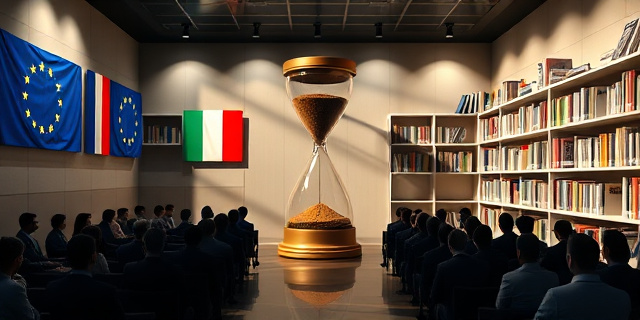 Una sala de conferencia con carteles de banderas europeas, un gran reloj de arena y estanterías llenas de libros, con sombras que parecen separar grupos contrastantes de personas, simbolizando polarización.