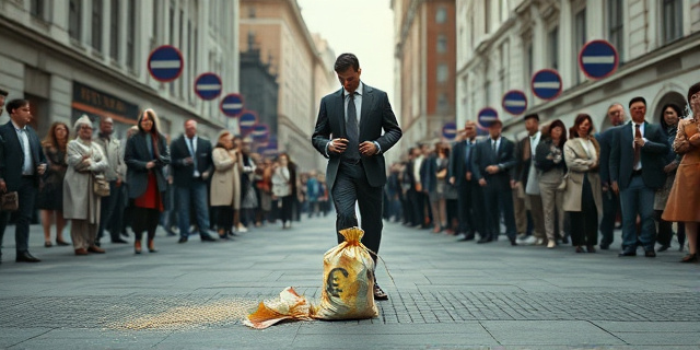 Un hombre de traje, de pie sobre un pavimento urbano, suelta una bolsa de billetes de un euro que se deshacen en polvo mientras una multitud de ciudadanos con expresiones de sorpresa y sospecha observa desde un fondo de edificios gubernamentales y señales de tráfico. La escena mezcla el glamour de la ciudad con la fragilidad de la confianza pública.
