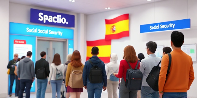 Una cola de personas esperando en una oficina de la Seguridad Social, con una bandera de España al fondo