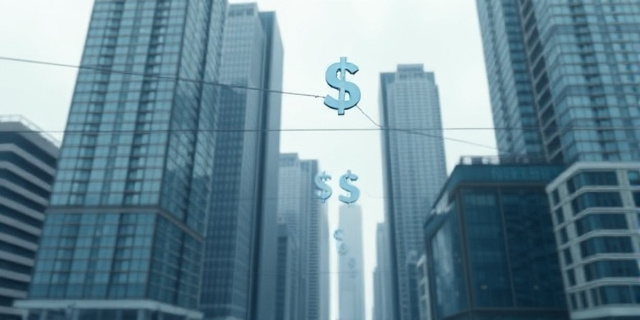 Una escena urbana con grandes rascacielos de oficina en la que se percibe una red de cables de datos y billetes flotando en el aire, sin rostros humanos, con tonos de gris y azul, representando la opacidad del control estatal sobre el dinero público.