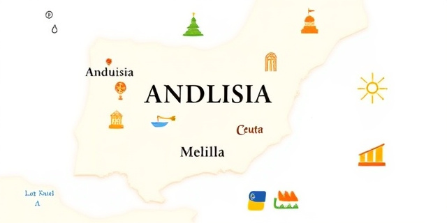 Un mapa de Andalucía con Ceuta y Melilla integradas, rodeado de símbolos del legado de Al-Ándalus