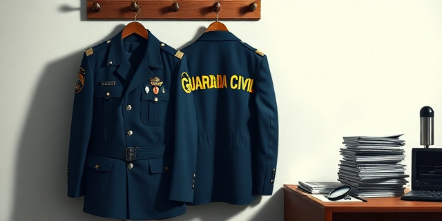 Una ilustración conceptual y satírica. Un uniforme de gala de la Guardia Civil colgado en un perchero, pero el uniforme está girado de lado, 