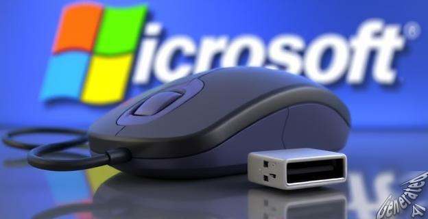 Ilustración de un ratón de computadora con un adaptador de PS/2 a USB, con el logo de Microsoft al fondo.