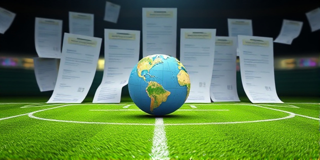 Una imagen de un campo de fútbol con un fondo de documentos legales y un globo terráqueo