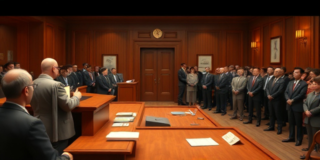 Una sala de tribunal llena de murmullos, con un juez de toga y una mesa de madera vieja. Al fondo, un corredor de pasos donde se pueden ver papeles y documentos dispersos, y un grupo de personas vestidas formalmente que esperan su turno para hablar.