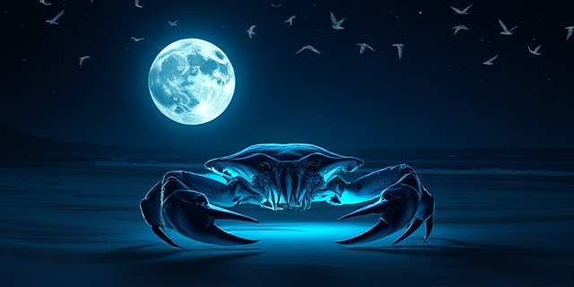 Una composición artística y surrealista que muestra un cangrejo casca prehistórico en una playa nocturna bajo una luna llena gigante. El cangrejo emite una biofluorescencia neón brillante bajo una luz ultravioleta imaginaria, mientras pequeñas aves migratorias descienden del cielo estrellado. Estilo de fotografía de naturaleza National Geographic con colores vibrantes y contrastes profundos entre el azul eléctrico y la arena oscura.