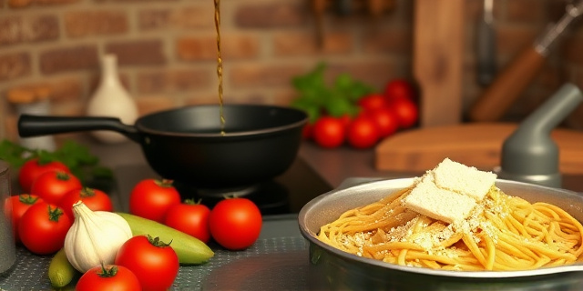 Una cocina italiana rústica con una sartén de hierro fundido sobre una estufa de leña, aceite de oliva virgen extra derramándose sobre ajo picado, tomate rojo maduro, albahaca fresca, espaguetis en un cuenco de agua hirviendo, queso parmesano rallado espolvoreado sobre la superficie, luces cálidas que crean sombras suaves, sin rostros humanos ni textos, estilo realista con enfoque en colores y texturas típicas de la cocina mediterránea