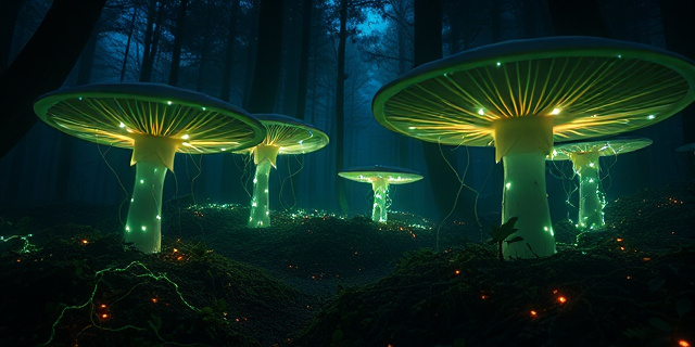 Un bosque denso con suelo cubierto de hongos gigantes y redes de micelio luminosas que interconectan las setas, mostrando trazos eléctricos que brillan en la penumbra, con gotas de agua y orina resaltadas sobre la tierra.