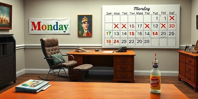 Una ilustración conceptual y satírica. Un escritorio de oficina gubernamental vacío y polvoriento, con una silla mecedora y una bebida tropical al lado. En el fondo, un calendario donde todos los lunes están marcados con una cruz roja de 