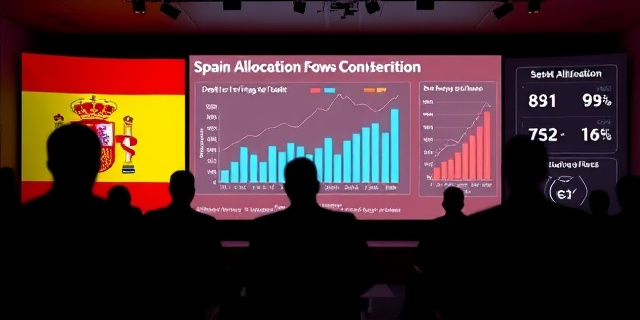 Una conferencia de prensa financiera en España, con un fondo de la bandera española y una pantalla grande que muestra gráficos de asignación de deuda y flujos de fondos. No aparecen rostros, solo siluetas de figuras en la sala y la luz que resalta los números en la pantalla.