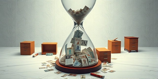Una ilustración conceptual y satírica de un gran reloj de arena donde la arena son pequeños sellos oficiales y decretos gubernamentales. El reloj está empezando a agrietarse por la base. Alrededor del reloj hay archivadores antiguos y carpetas legales esparcidas en un suelo de mármol frío, estilo editorial de periódico, colores sobrios con un toque de rojo irónico.
