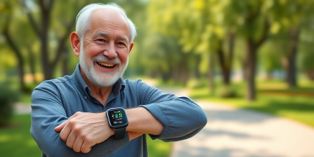 Una imagen de una persona mayor sonriendo y caminando en un parque, con un reloj en la muñeca que mide pasos y sueño
