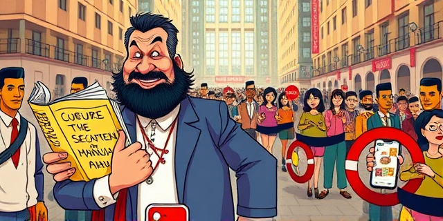 Una ilustración satírica al estilo caricatura editorial. Un hombre con pose de gurú arrogante sosteniendo un manual de seducción, mientras que en la otra mano sostiene un smartphone con una aplicación de delivery abierta. Al fondo, una multitud estilizada en una plaza urbana dividida por una línea roja, representando una guerra de sexos, con colores vibrantes y un toque irónico.