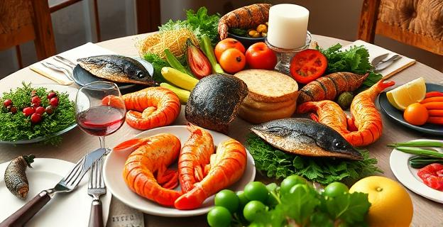 Imagen de una mesa navideña con diferentes tipos de mariscos cocinados de manera saludable, como a la plancha o al vapor, junto a verduras y frutas frescas.