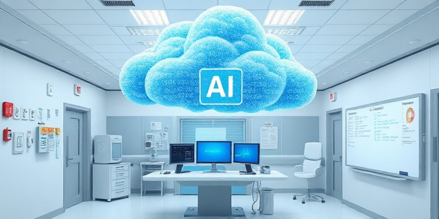 Una sala de emergencias estilizada con una gran nube de datos flotando sobre un escritorio, representando la IA como una nube de código que se conecta a monitores y pizarra con notas médicas, sin rostros ni textos visibles