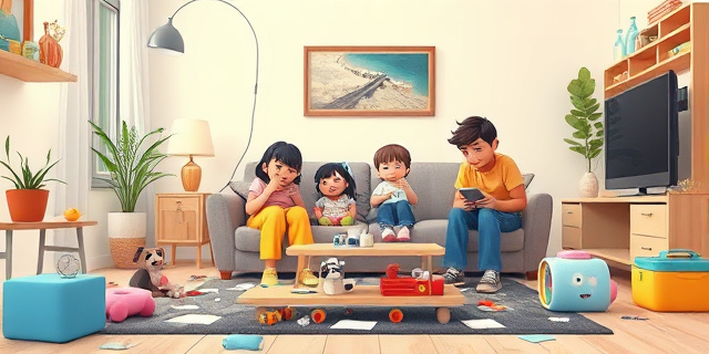Una ilustración de una familia en una sala de estar, con papeles de colores y juguetes dispersos, mostrando una mezcla de alegría y cansancio, sin rostros reconocibles, en un estilo realista y ligeramente surrealista.