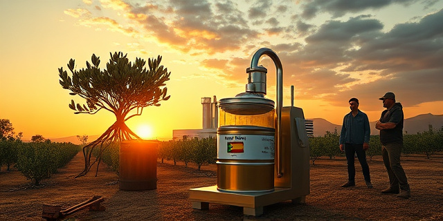 
  Una imagen surrealista de un campo de olivos marroquí al atardecer, donde los árboles tienen raíces que se extienden como tuberías industriales hacia una almazara futurista de acero inoxidable. En primer plano, un barril de aceite con etiqueta 